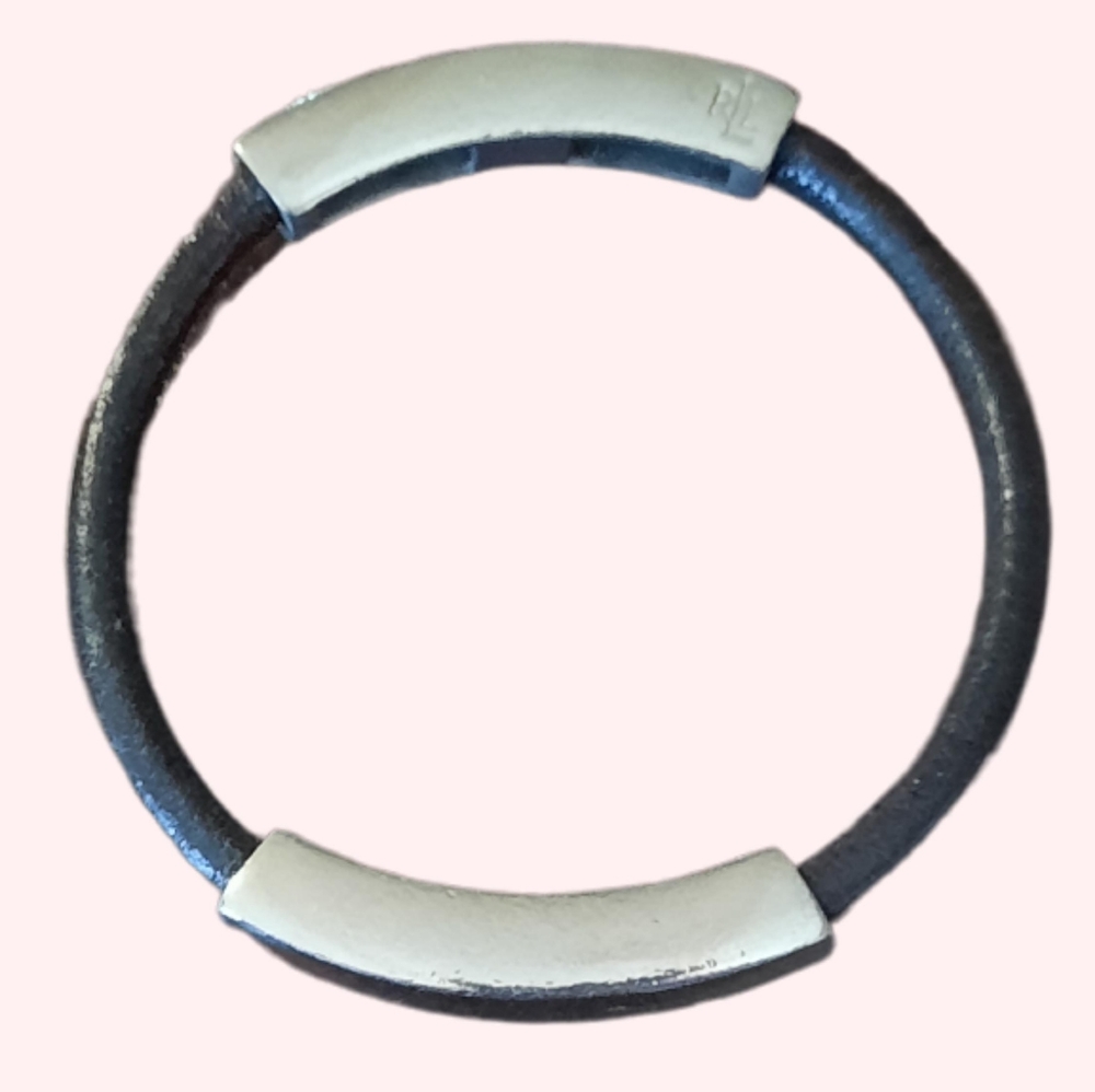 Ralph lauren bangle bracelet black silver stainless steel leather EUC